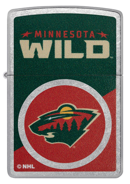 Zippo NHL® Minnesota Wild® 2024 Street Chrome™ Windproof Lighter with its lid open and lit.