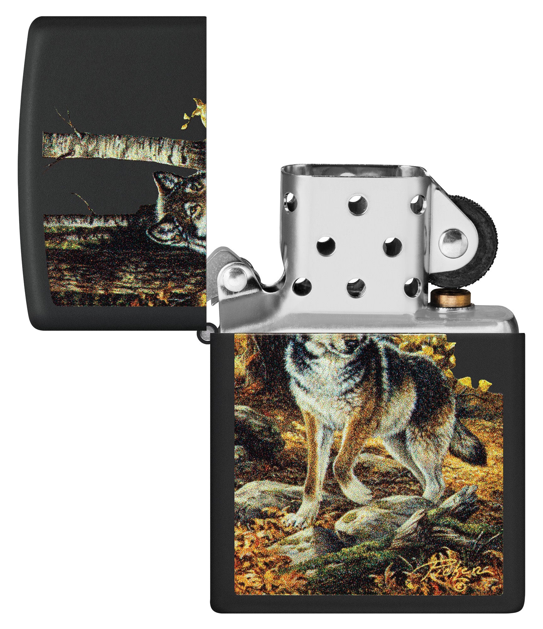 Zippo Linda Picken Black Matte Windproof Lighter with its lid open and unlit.