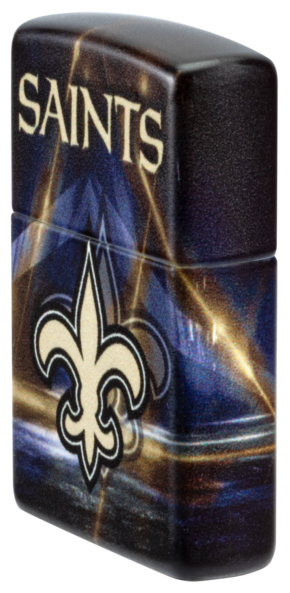 Angled shot of Zippo NFL New Orleans Saints 540 Matte Windproof Lighter showing the front and right sides of the lighter.