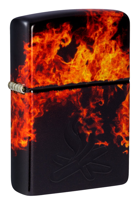 Front shot of Zippo Fusion Inferno Design 540 Tumbled Brass Windproof Lighter standing at a 3/4 angle.