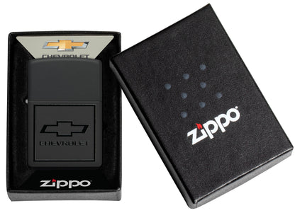 Zippo Chevrolet® Bowtie Design Black Matte Windproof Lighter in its packaging.