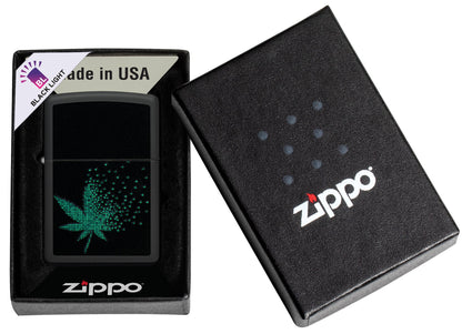 Zippo Black Light Pixel Cannabis Design Black Matte Windproof Lighter in its packaging.