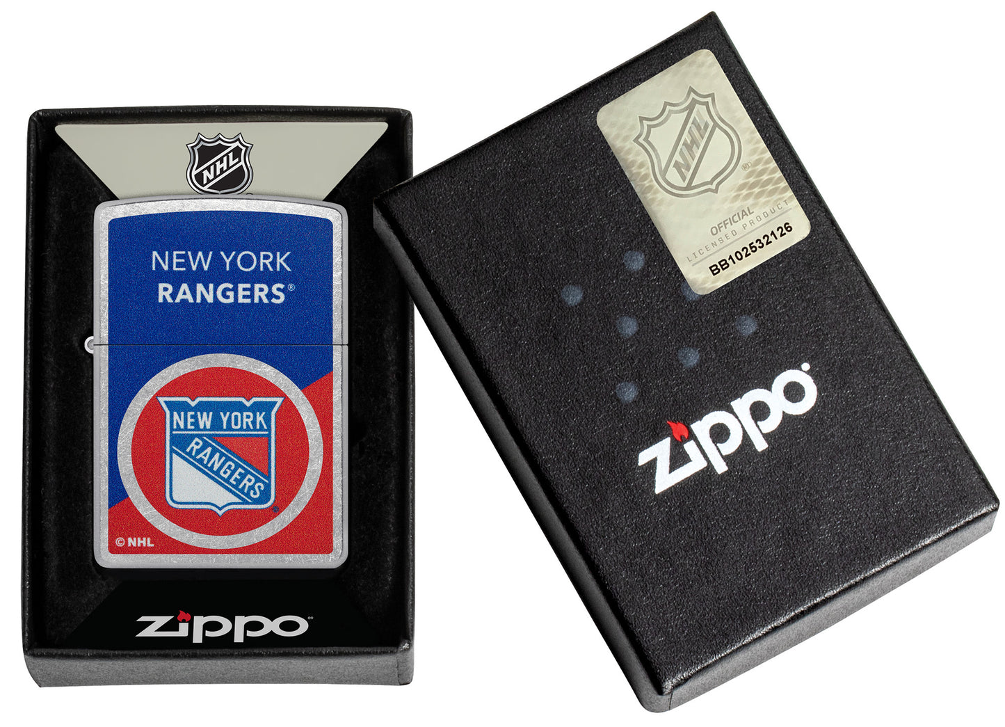 Zippo NHL® New York Rangers® 2024 Street Chrome™ Windproof Lighter in its packaging.