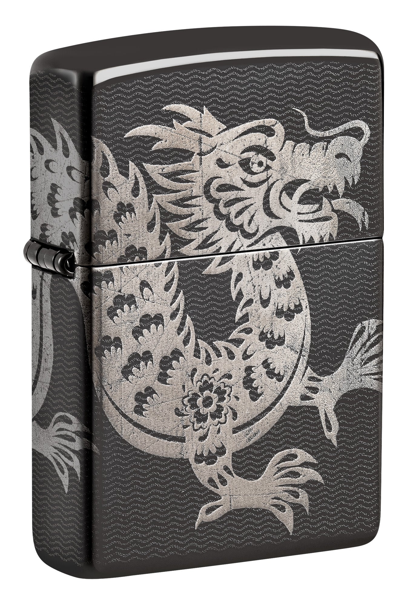 Front shot of Zippo Lucky Dragon Design High Polish Black Windproof Lighter standing at a 3/4 angle.