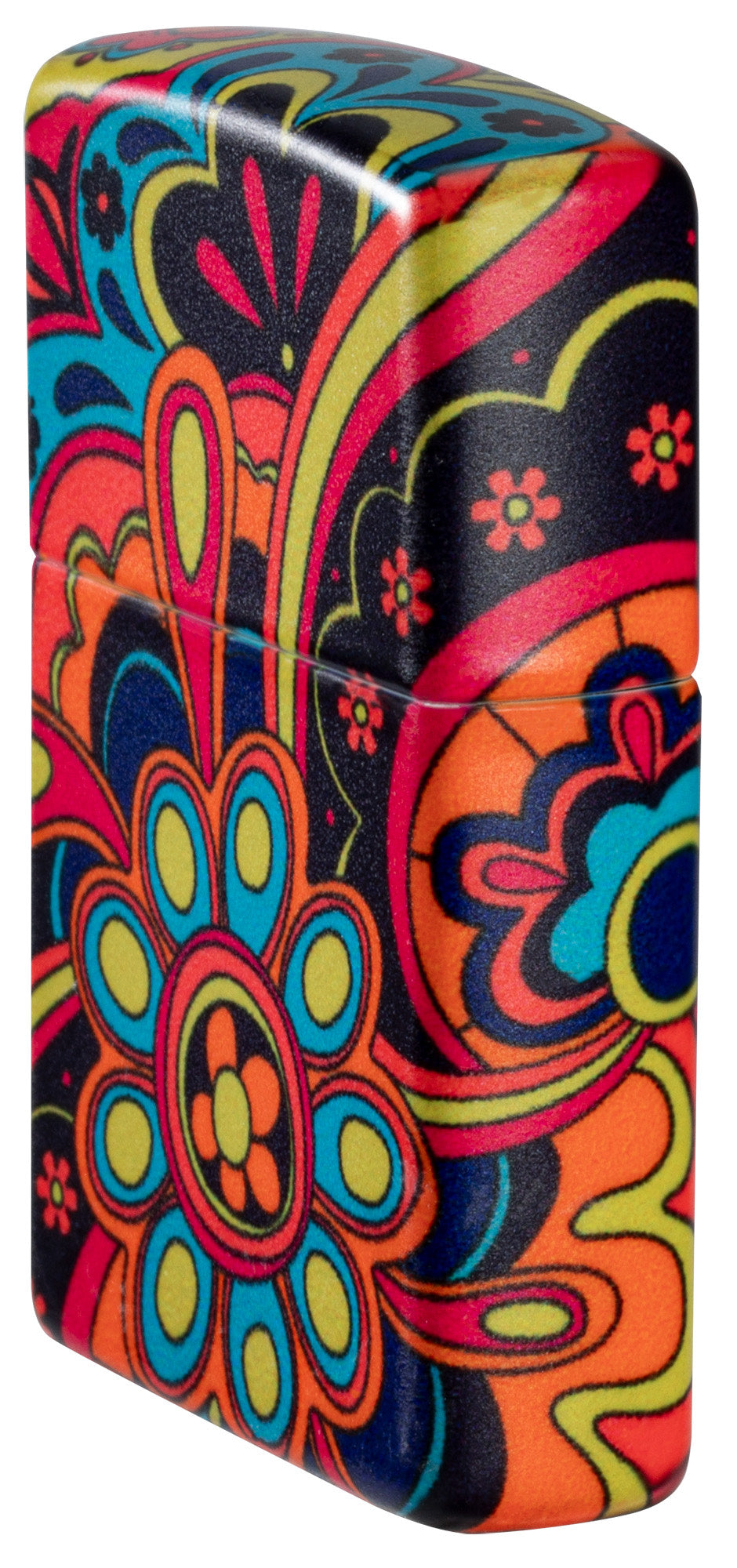 Angled shot of Zippo Flower Power Design 540 Matte Windproof Lighter showing the front and right side of the lighter.