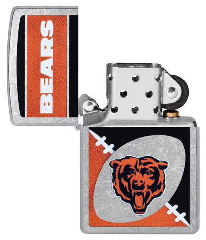 Zippo NFL Chicago Bears Street Chrome Windproof Lighter with its lid open and unlit.