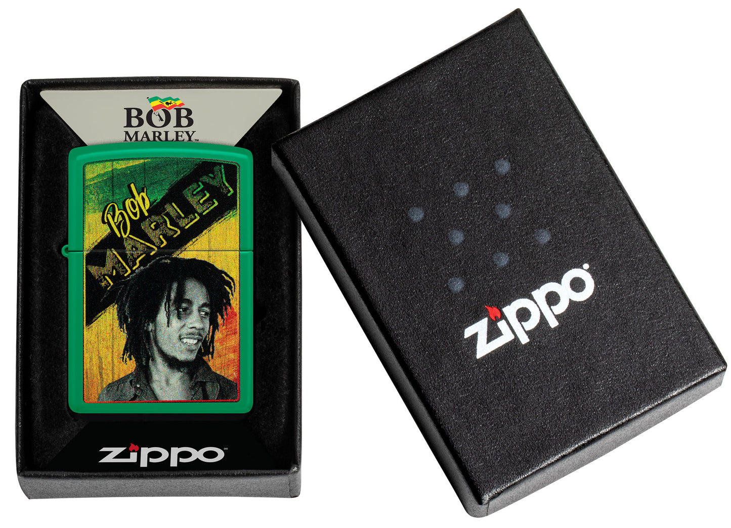 Zippo Bob Marley Grass Green Matte Windproof Lighter in its packaging.