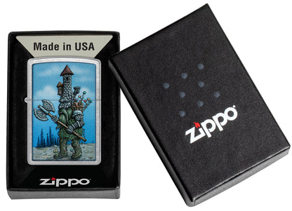 Zippo Castle Troll Design Street Chrome Windproof Lighter in its packaging.