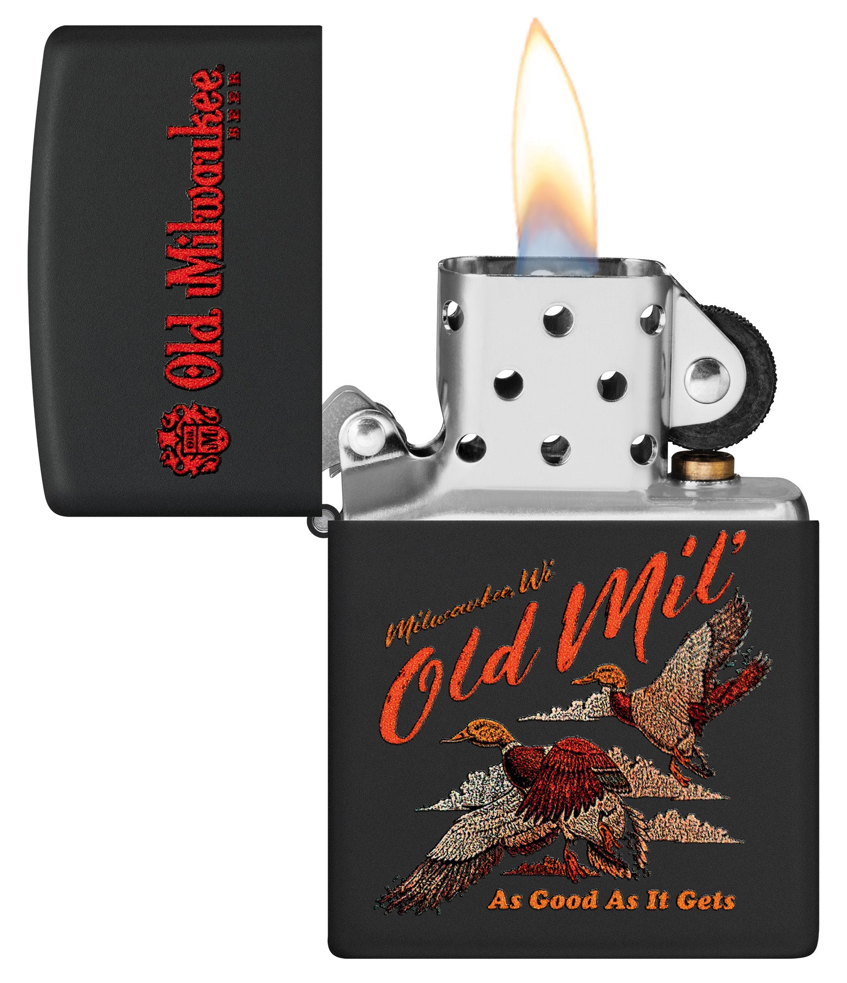 Zippo Old Milwaukee Duck Hunt Design Black Matte Windproof Lighter with its lid open and lit.