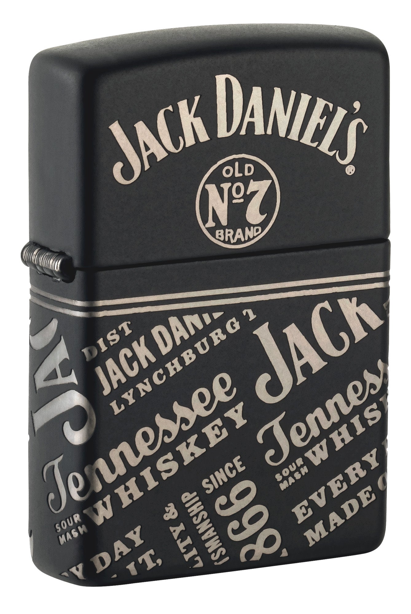 Front shot of Zippo Jack Daniel's® Every Drop Design Regular Media Chrome Black Matte Windproof Lighter standing at a 3/4 angle.