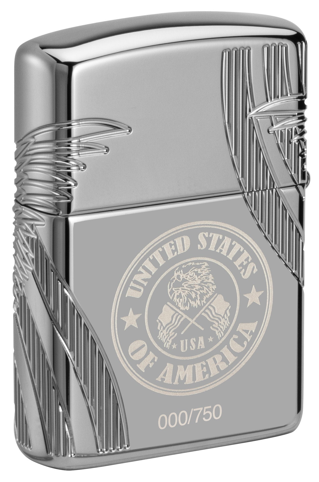 Back shot of Zippo Liberty Crest Collectible Armor® High Polish Chrome Windproof Lighter standing at a 3/4 angle.