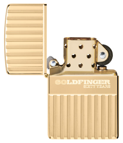 Zippo James Bond™ 007 Goldfinger 60th Armor® High Polish Brass Windproof Lighter with its lid open and unlit.