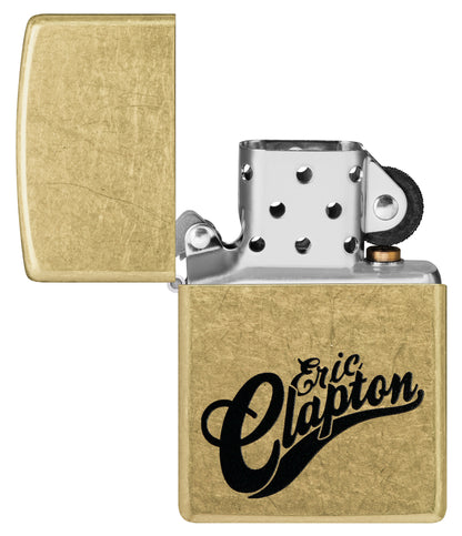 Zippo Eric Clapton Reg Street Brass Windproof Lighter with its lid open and unlit.