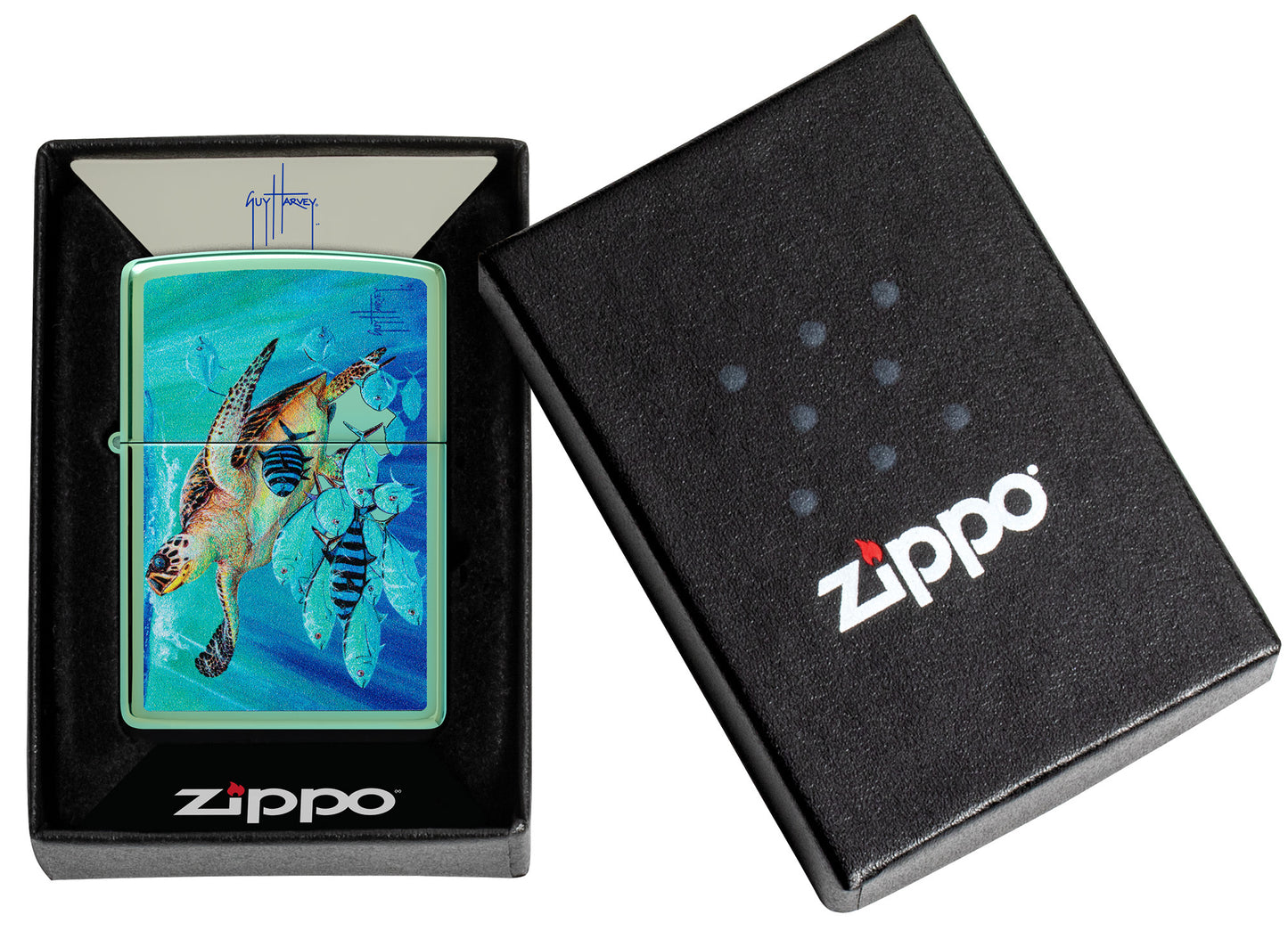 Zippo Guy Harvey Hawksbill Caravan High Polish Green Windproof Lighter in its packaging.