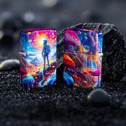 Lifestyle image of two Zippo Mushroom Forest Design 540 Matte Windproof Lighters standing in front of a black rock on black crushed rocks.