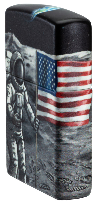 Angled shot of Zippo Moon Landing Design Glow in the Dark Windproof Lighter showing the front and right side of the lighter.