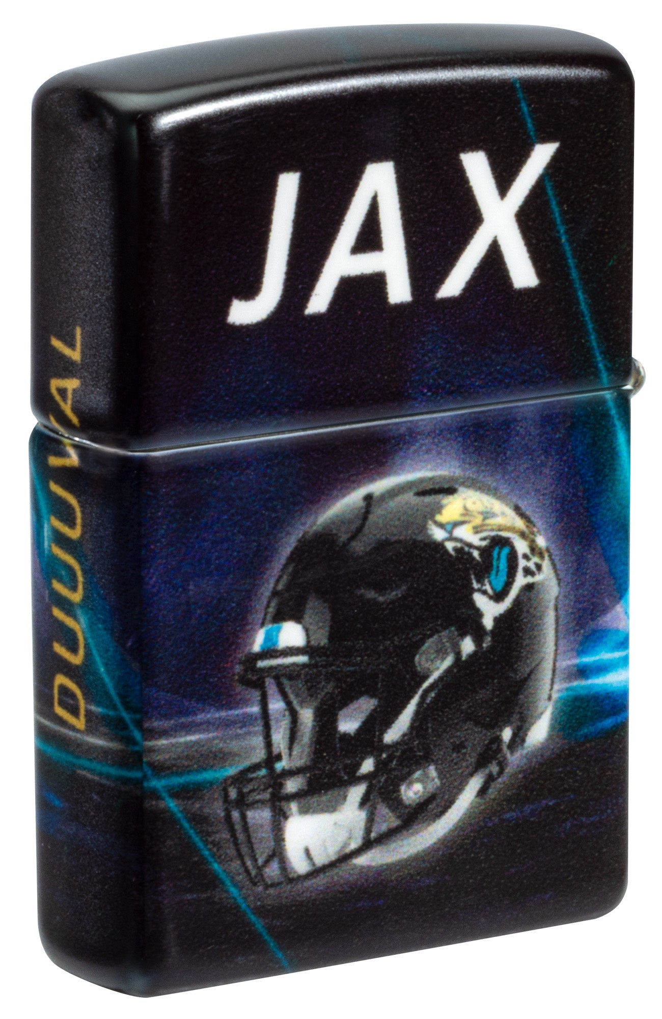 Back shot of Zippo NFL Jacksonville Jaguars 540 Matte Windproof Lighter standing at a 3/4 angle.