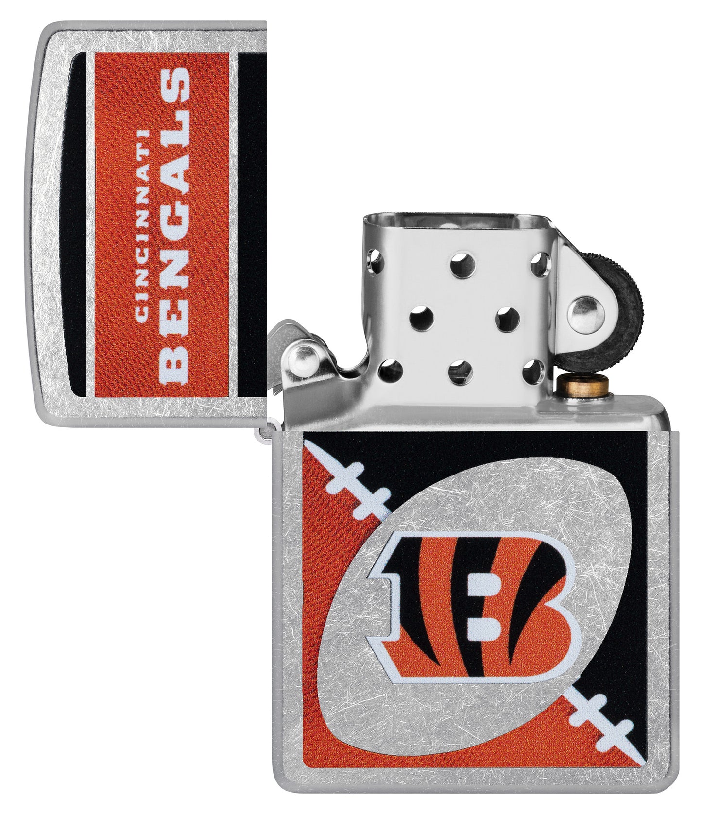 Zippo NFL Cincinnati Bengals Street Chrome Windproof Lighter with its lid open and unlit.