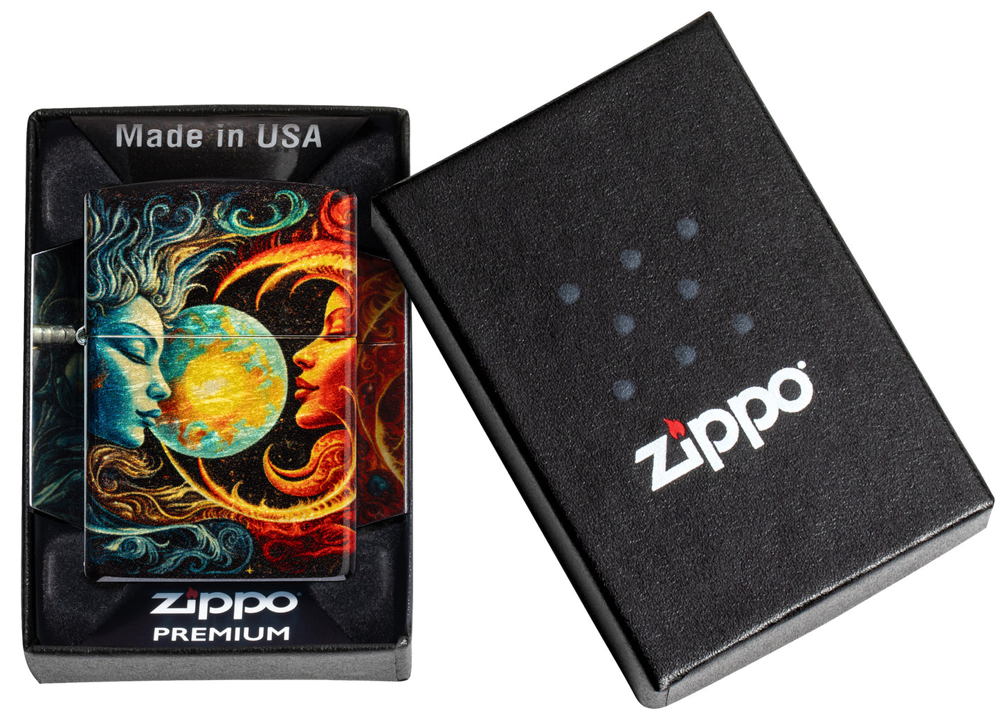 Zippo Sun and Moon Design 540 Tumbled Brass Windproof Lighter in its packaging.