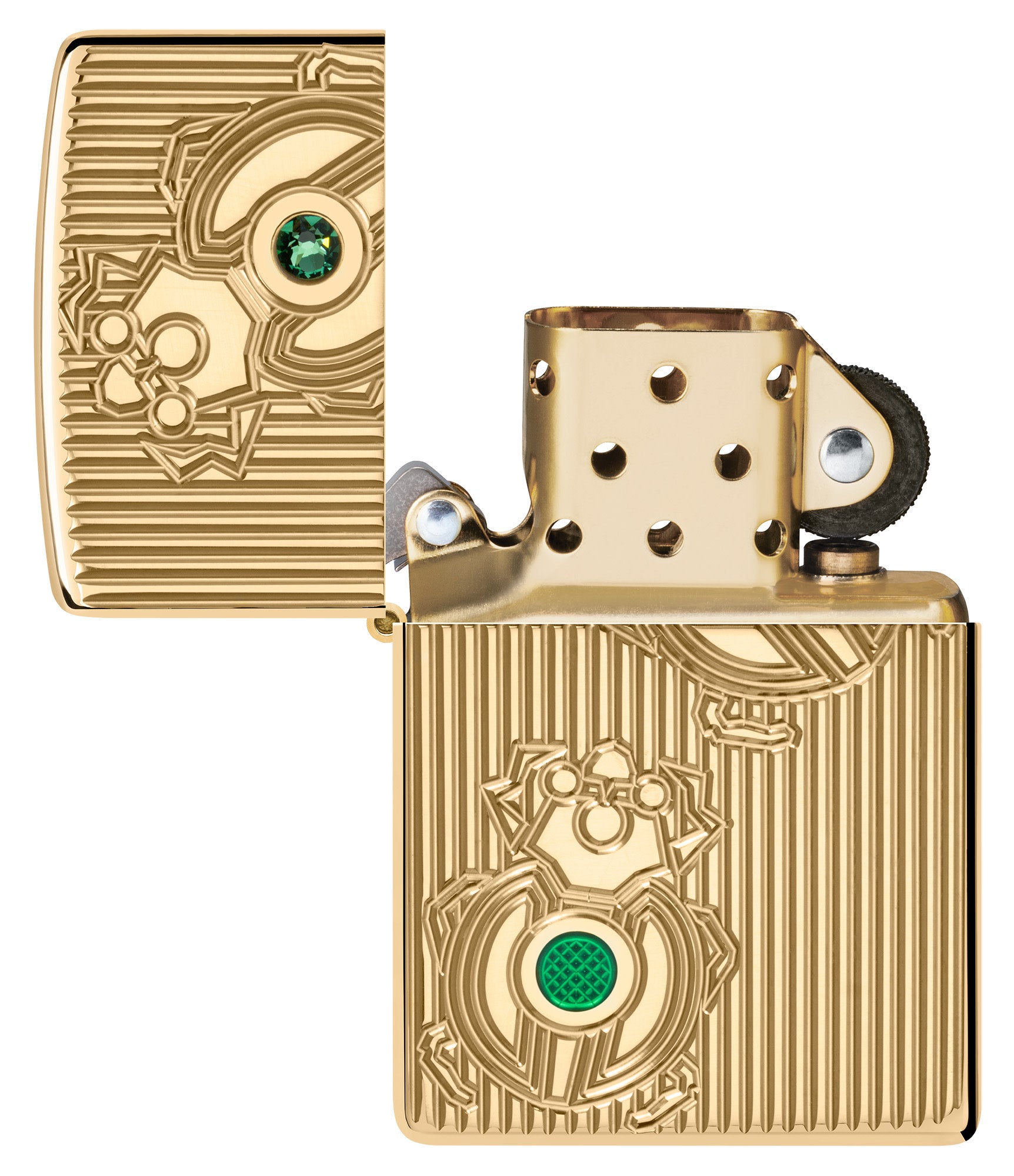 Zippo Bejeweled Beetle Design High Polish Brass Windproof Lighter with its lid open and unlit.