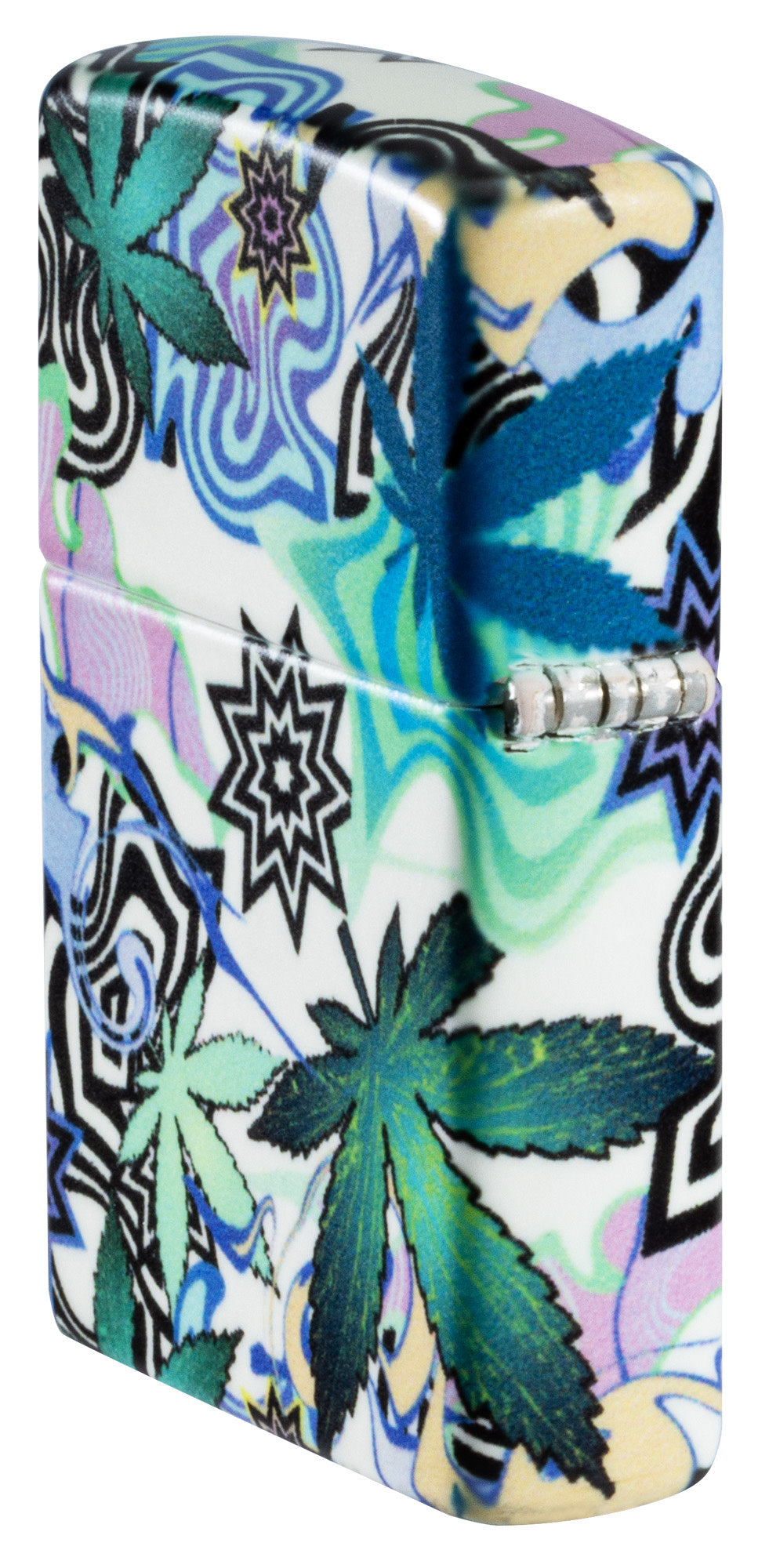 Angled shot of Zippo Abstract Cannabis Design Glow in the Dark Windproof Lighter showing the back and hinge sides of the lighter.