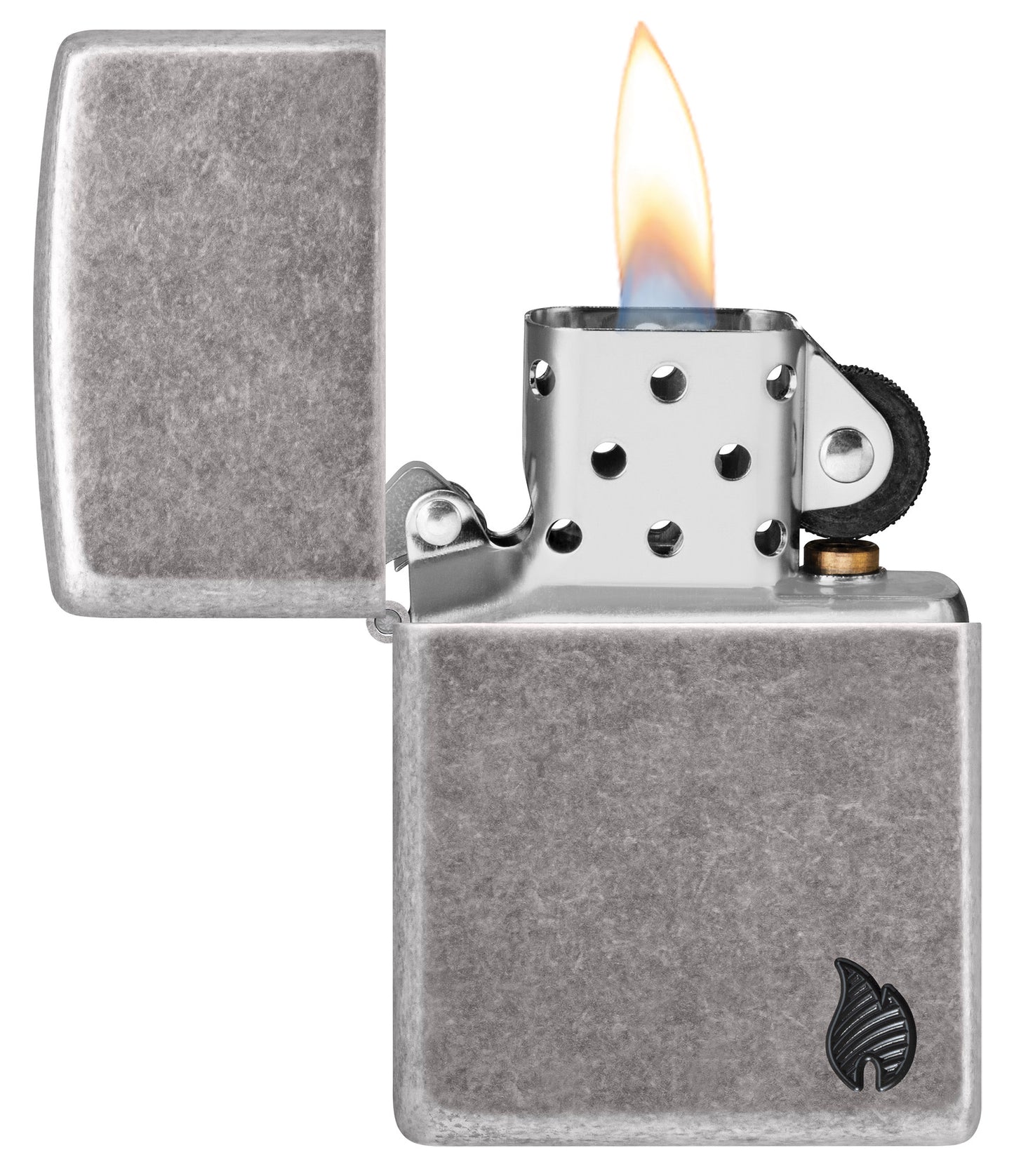 Zippo Armor® Series Flame Antique Silver Windproof Lighter with its lid open and lit.