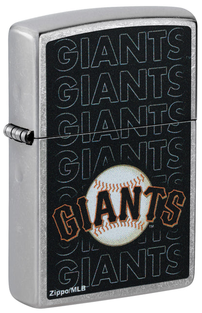 Front shot of Zippo MLB® San Francisco Giants Street Chrome Windproof Lighter standing at a 3/4 angle.