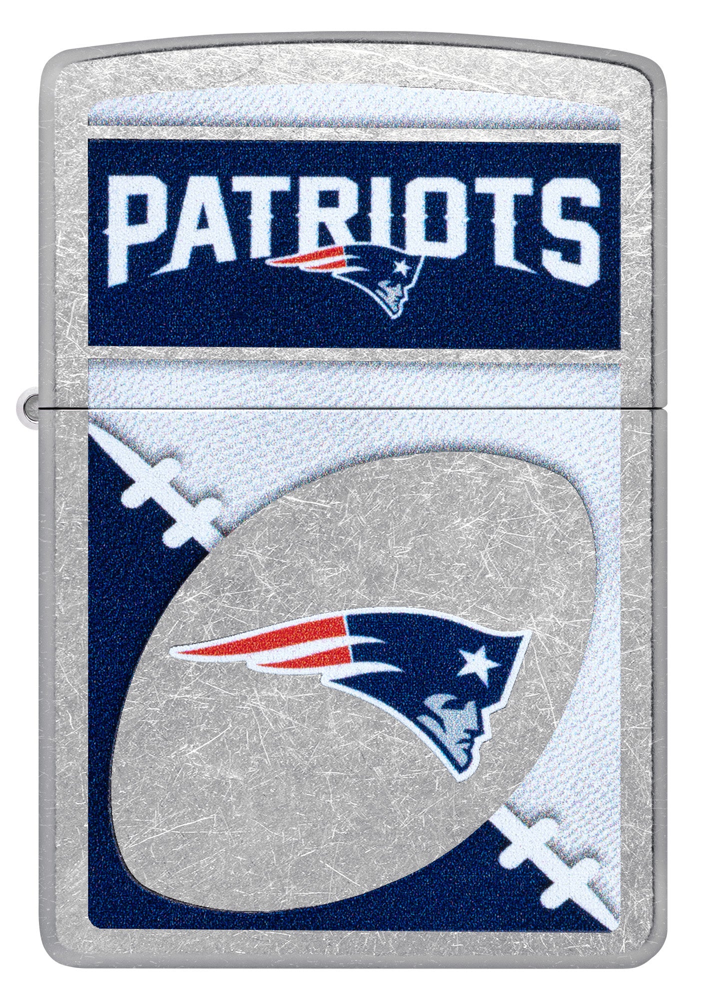 Front view of Zippo NFL New England Patriots Street Chrome Windproof Lighter.