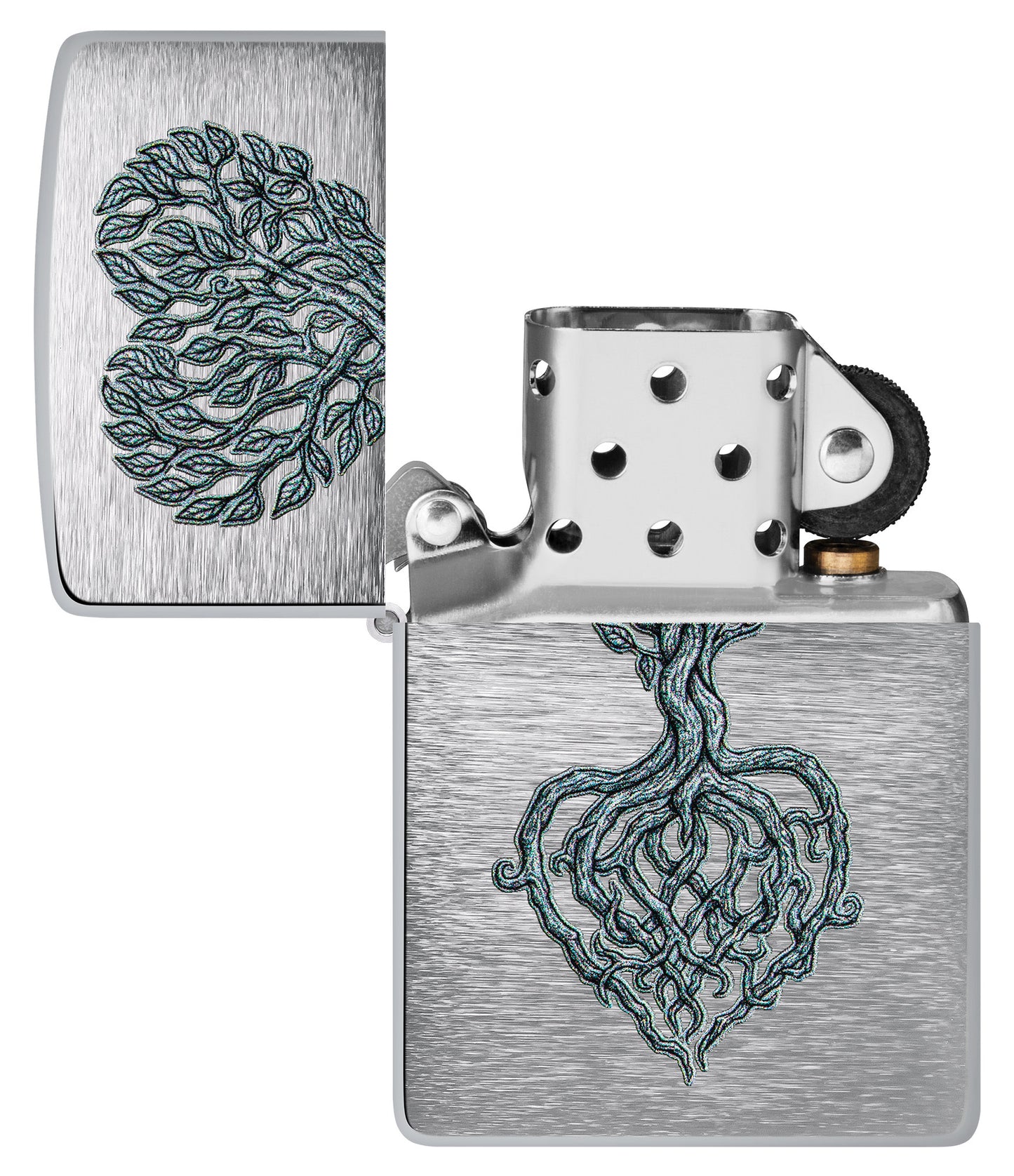 Zippo Rooted in Love Design Brushed Chrome Windproof Lighter with its lid open and unlit.