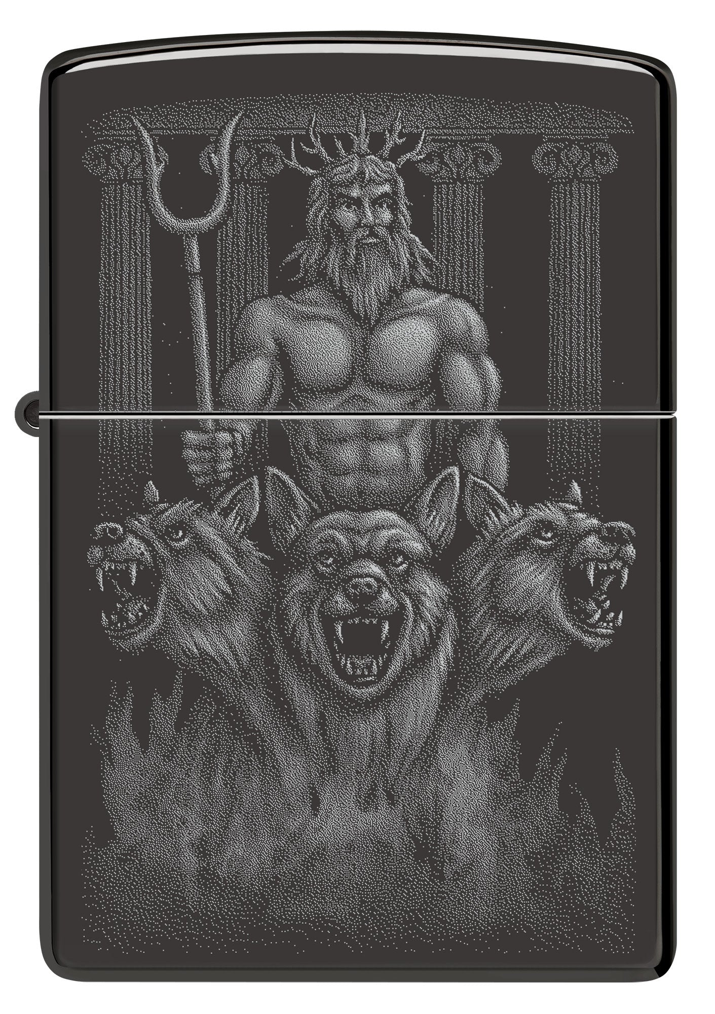 Front view of Zippo Greek Dogs Design High Polish Black Windproof Lighter.