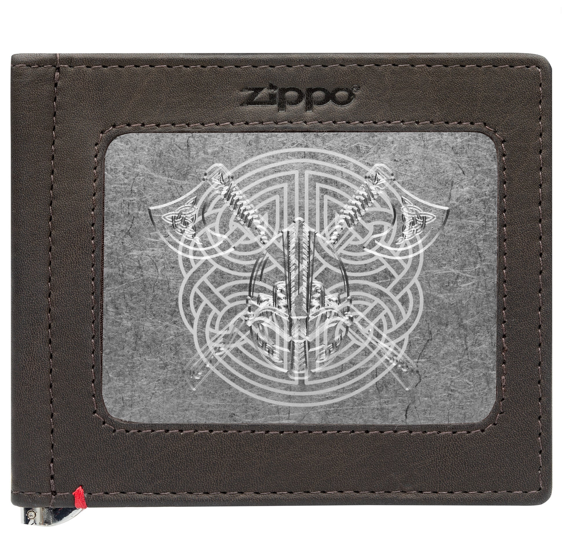 Front of mocha Leather Wallet With Viking Metal Plate - ID Window