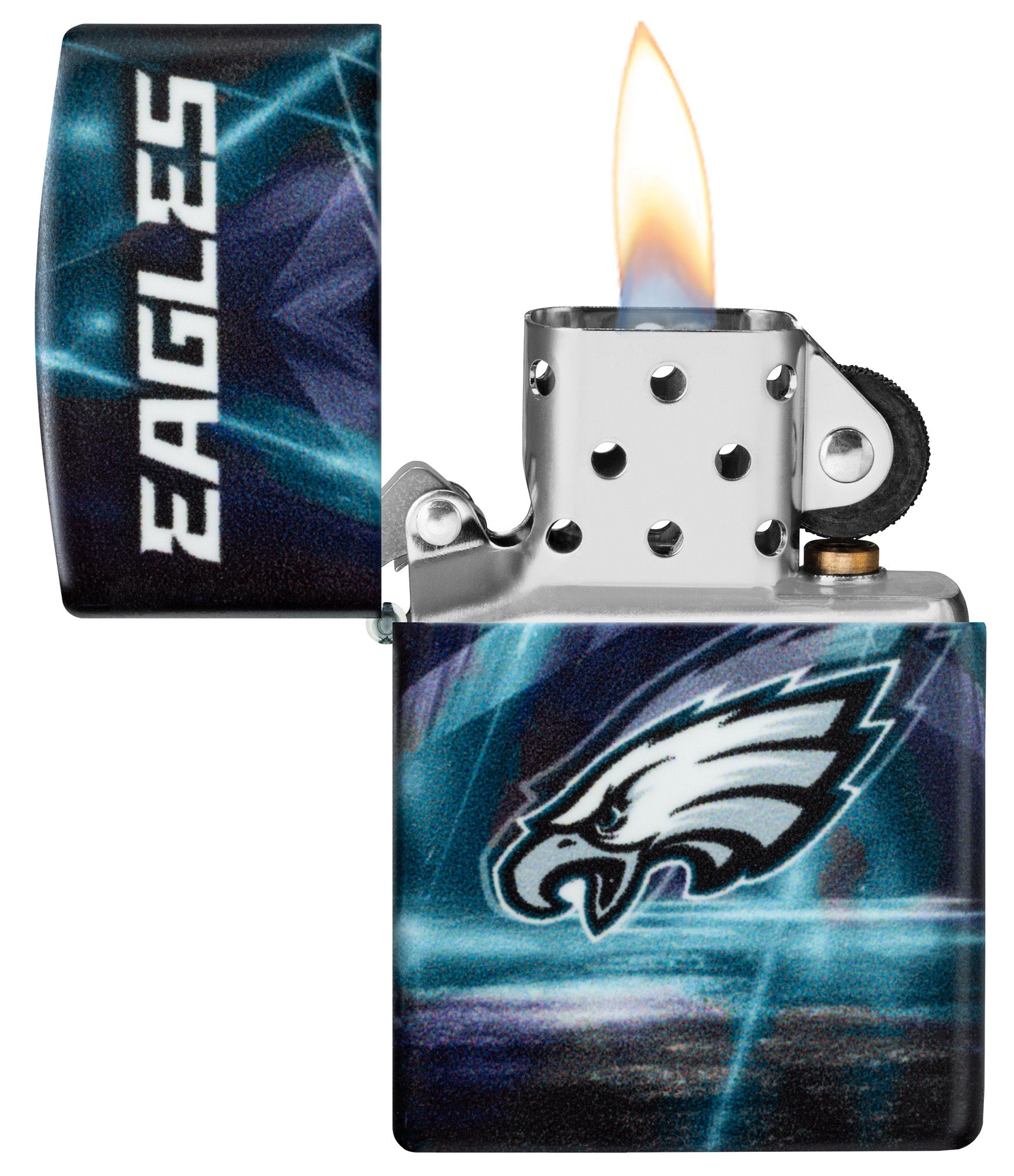 Zippo NFL Philadelphia Eagles 540 Matte Windproof Lighter with its lid open and lit.