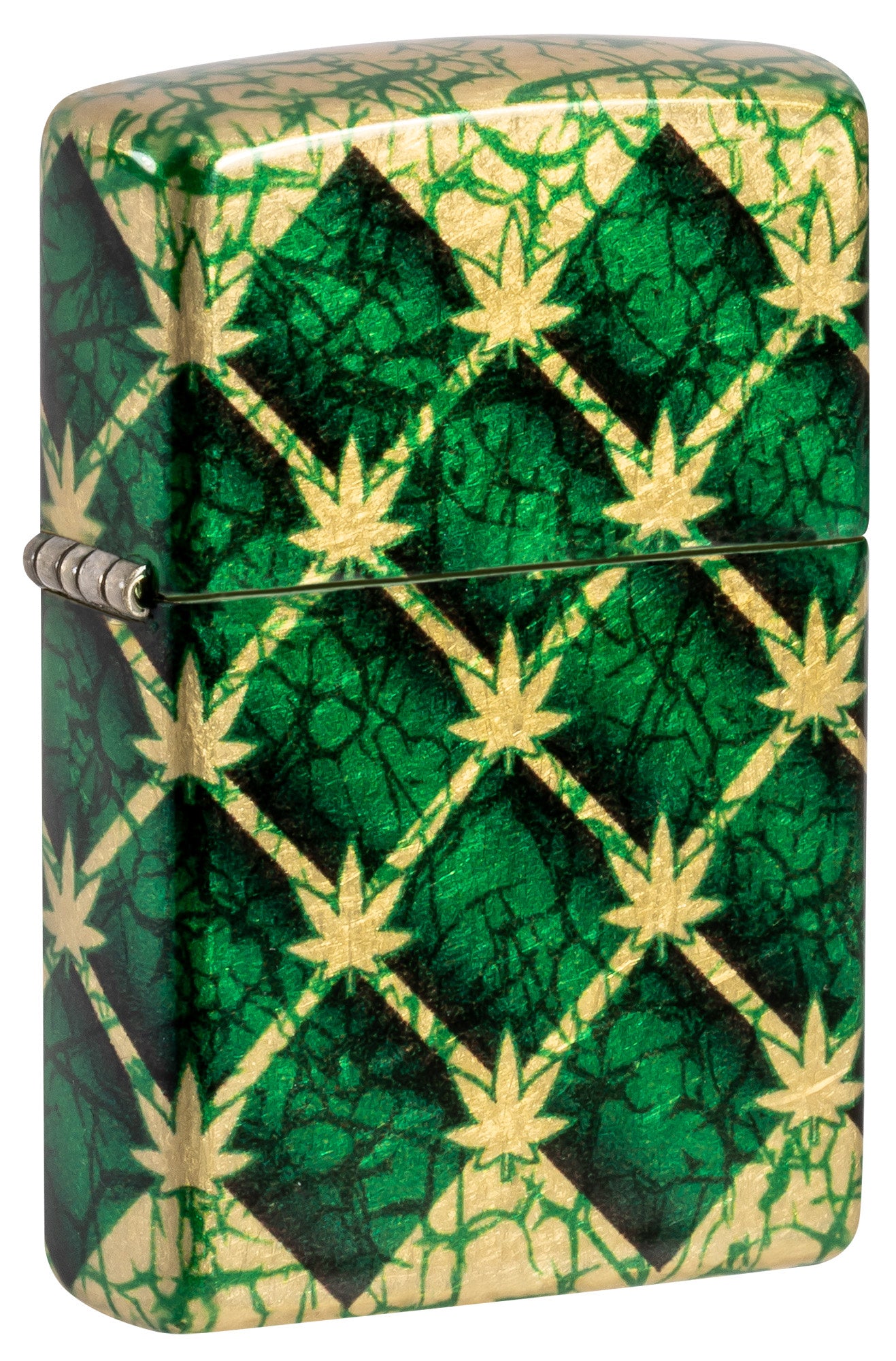 Front shot of Zippo Argyle Leaf Design 540 Tumbled Brass Windproof Lighter standing at a 3/4 angle.