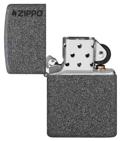 Zippo Classic Iron Stone Zippo Logo Windproof Lighter with its lid open and unlit.