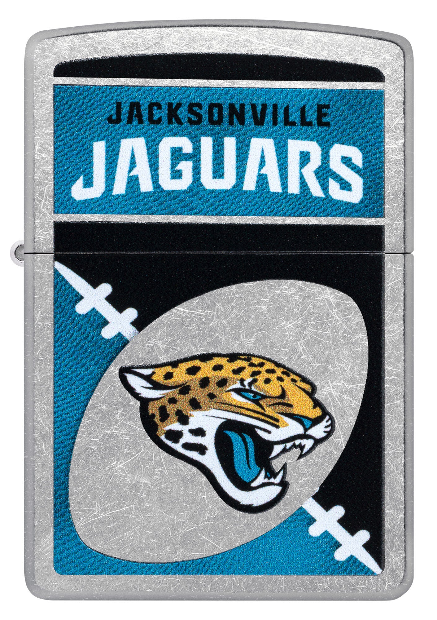 Front view of Zippo NFL Jacksonville Jaguars Street Chrome Windproof Lighter.