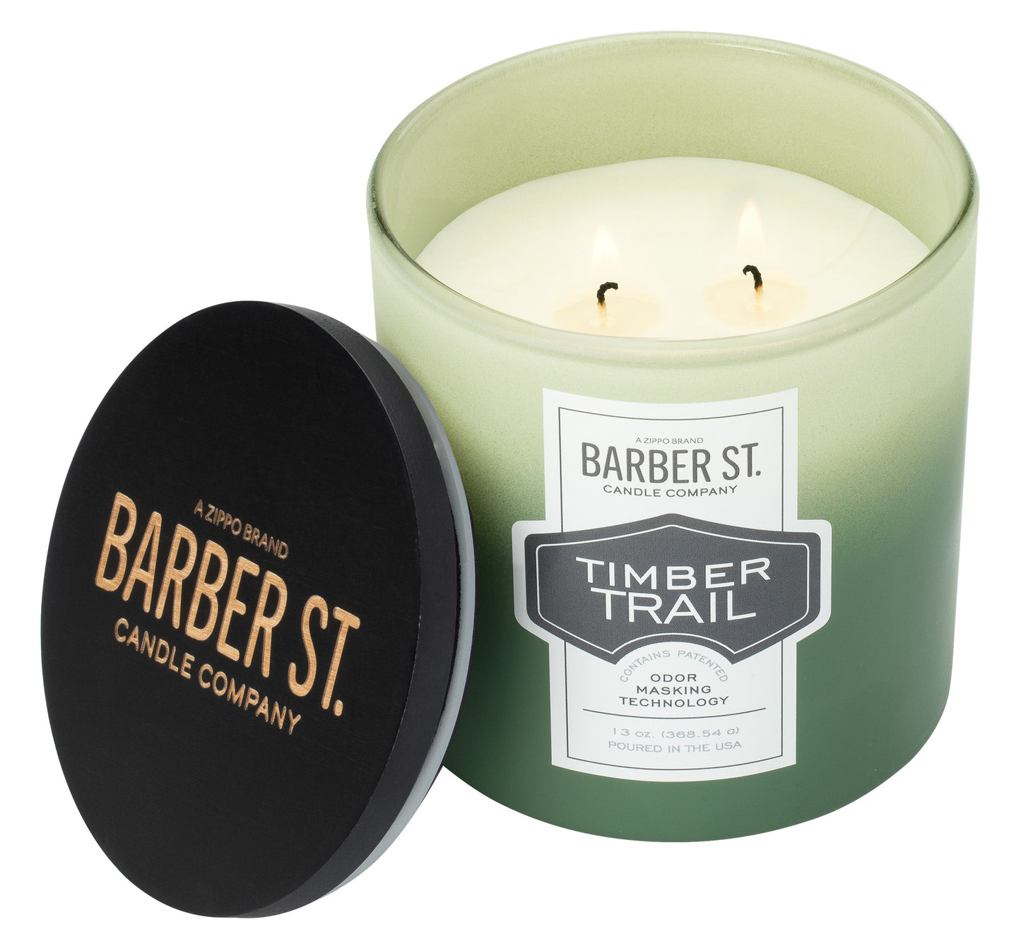 Front shot of Zippo Barber Street Timber Trail Odor Masking Candle, with it's lid off