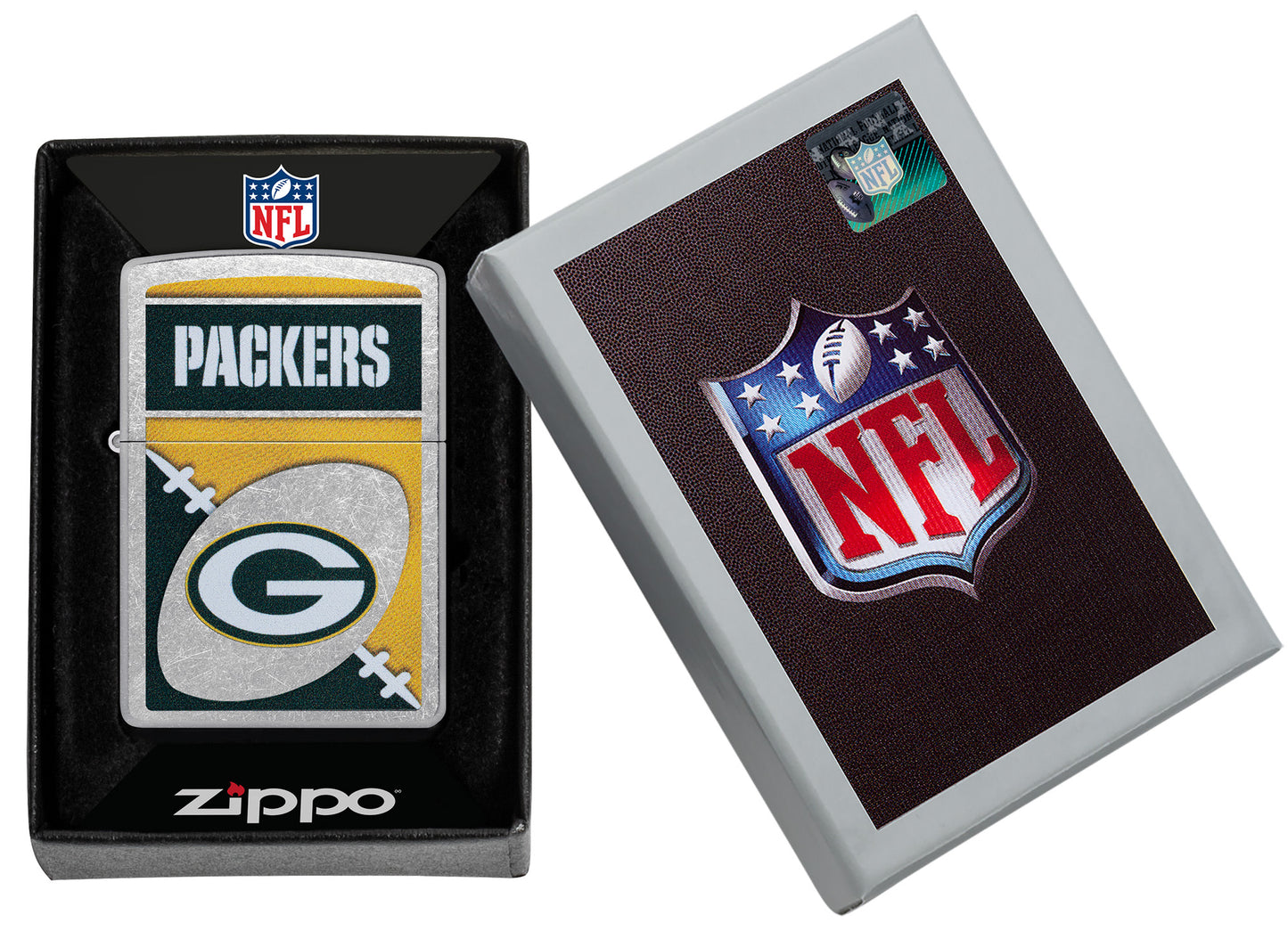 Zippo NFL Green Bay Packers Street Chrome Windproof Lighter in its packaging.