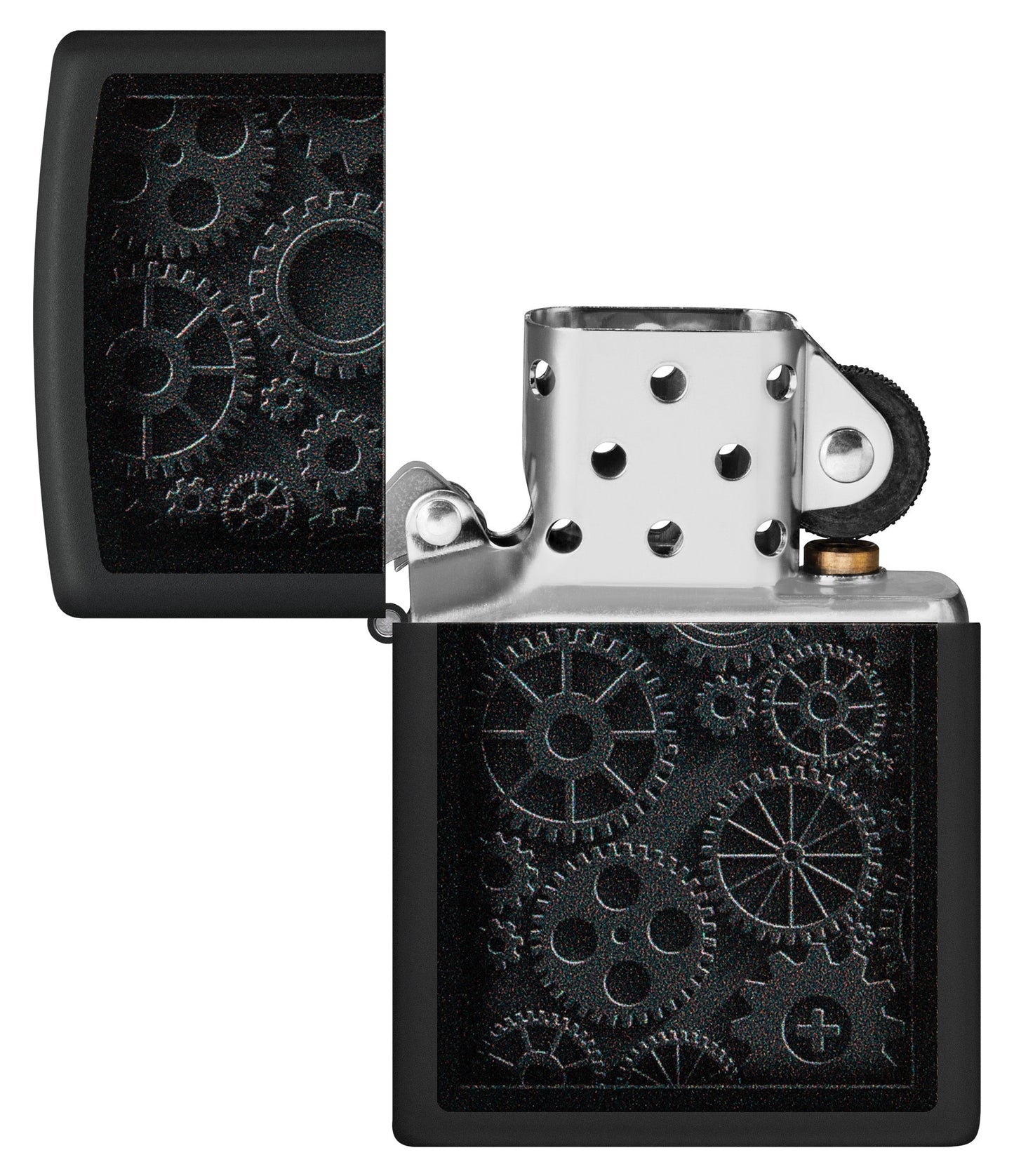 Zippo Steampunk Design Black Matte Windproof Lighter with its lid open and unlit.