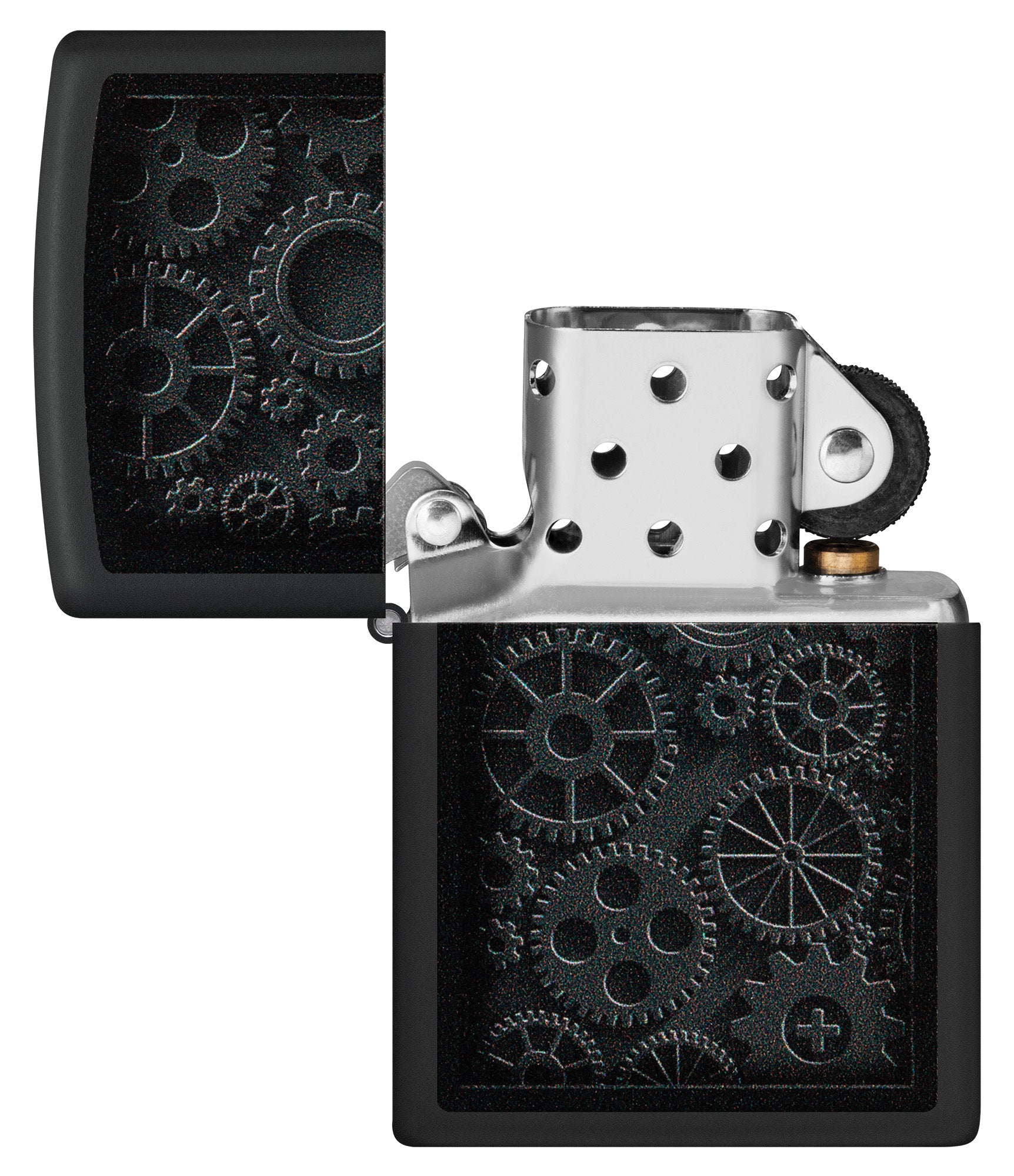 Zippo Steampunk Design Black Matte Windproof Lighter with its lid open and unlit.