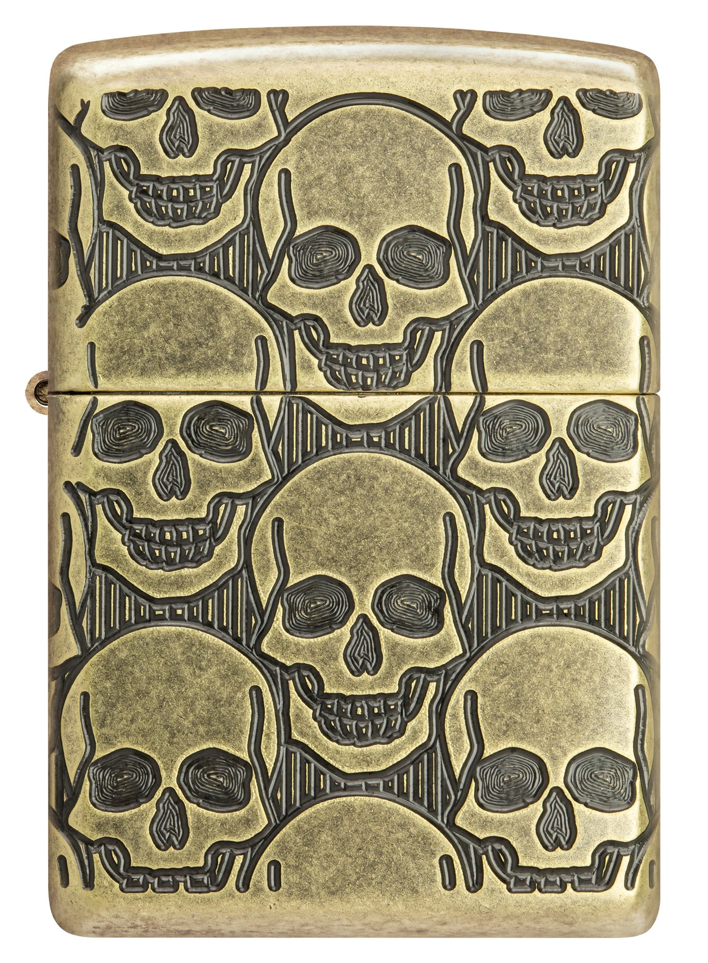 Front view of Zippo Cackling Cranium Design Armor® Antique Brass Windproof Lighter.