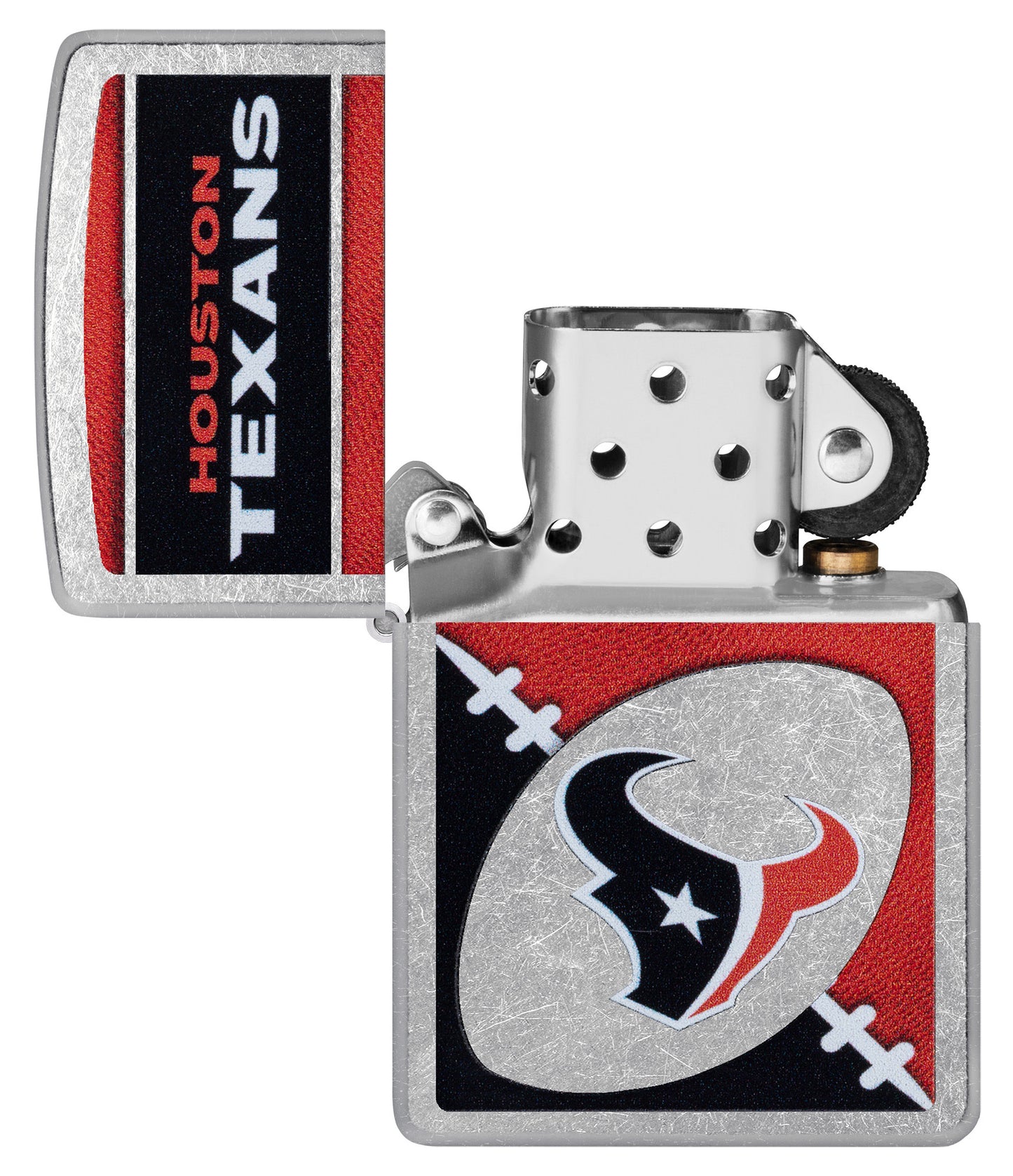 Zippo NFL Houston Texans Street Chrome Windproof Lighter with its lid open and unlit.