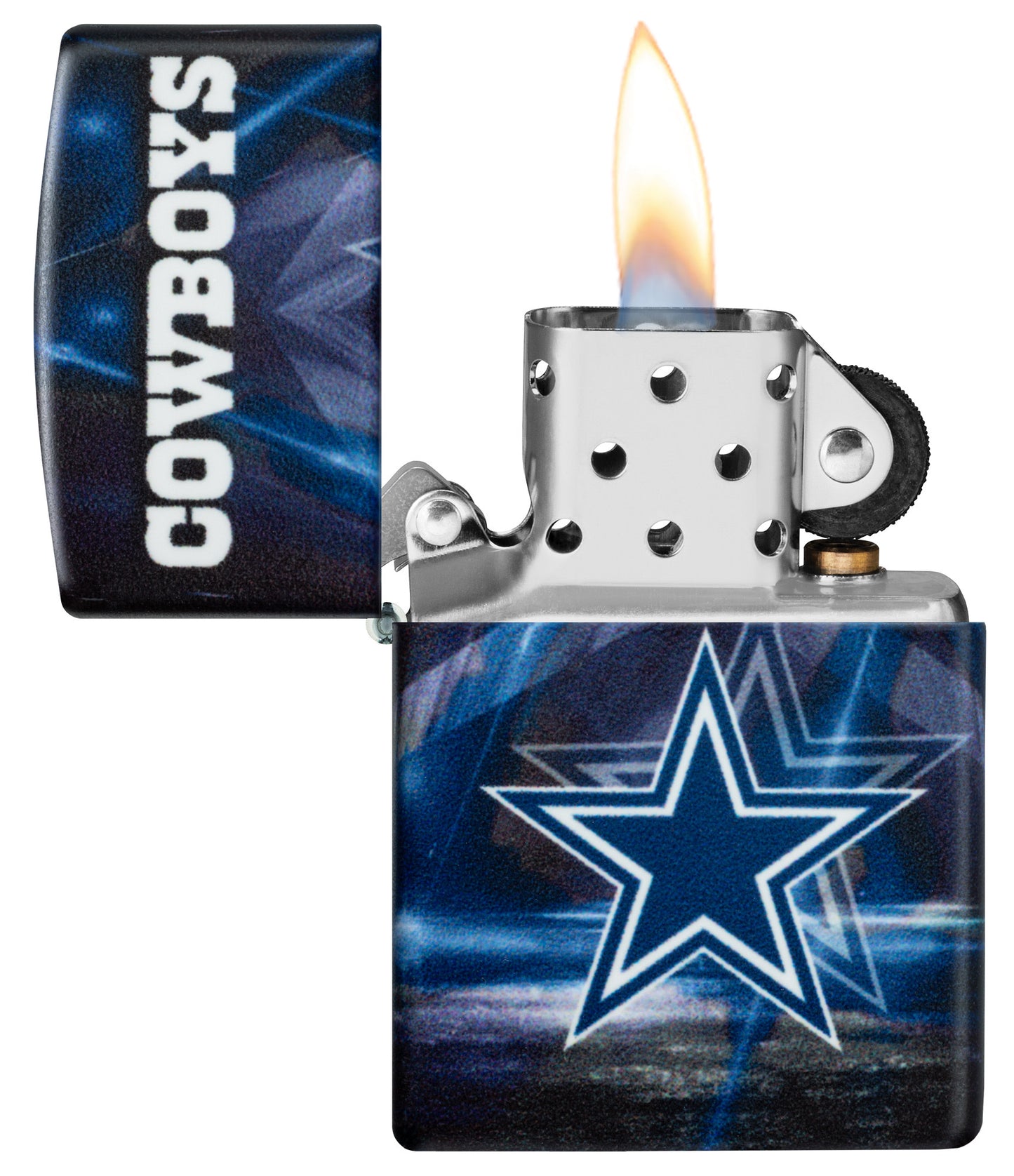 Zippo NFL Dallas Cowboys 540 Matte Windproof Lighter with its lid open and lit.