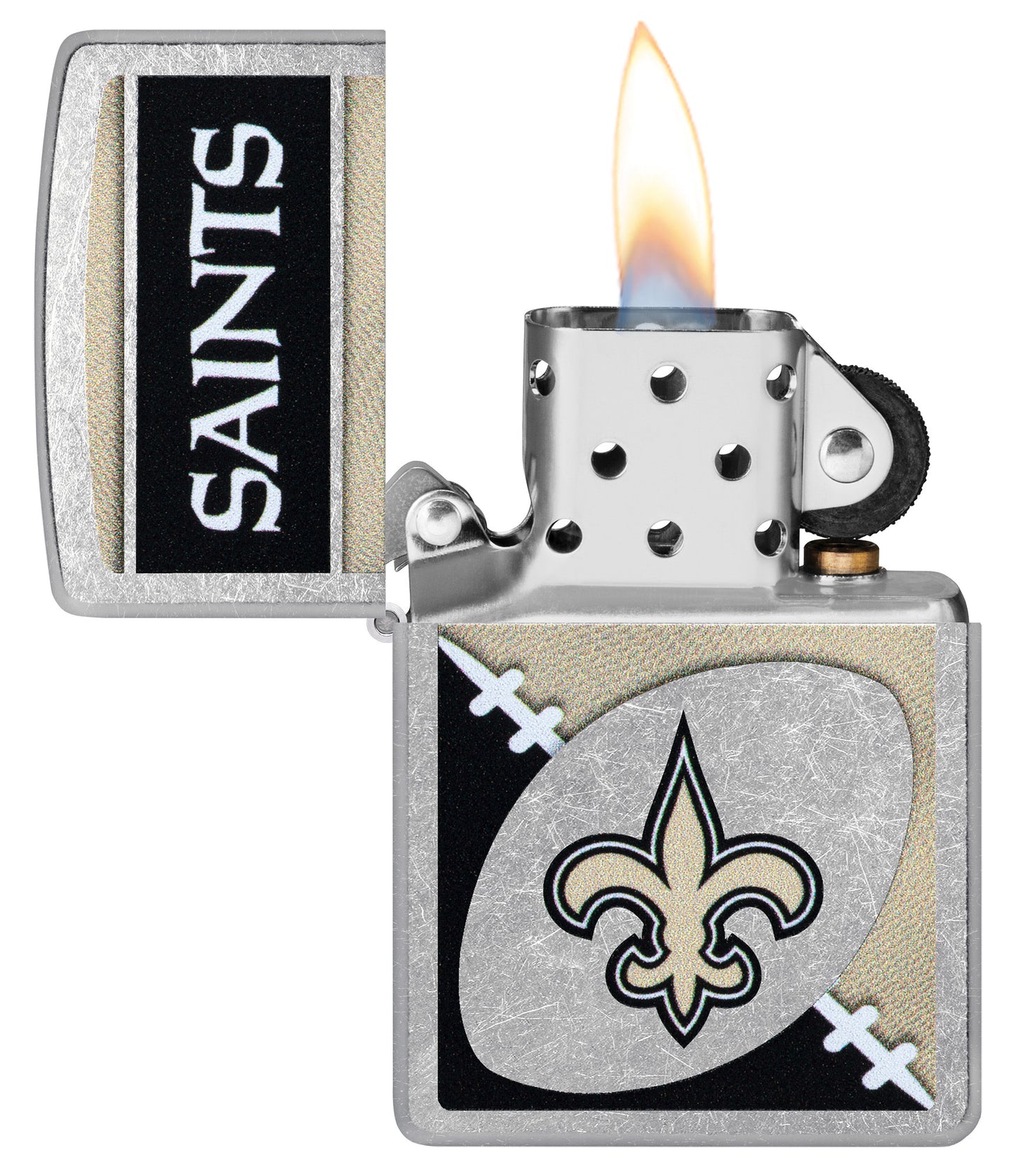 Zippo NFL New Orleans Saints Street Chrome Windproof Lighter with its lid open and lit.