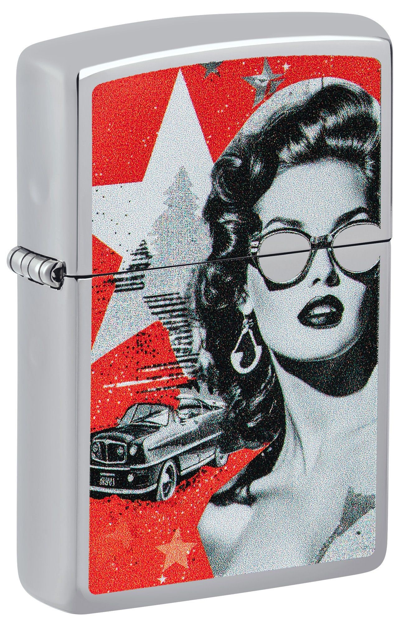 Front shot of Zippo Glam Glasses Design High Polish Chrome Windproof Lighter standing at a 3/4 angle.