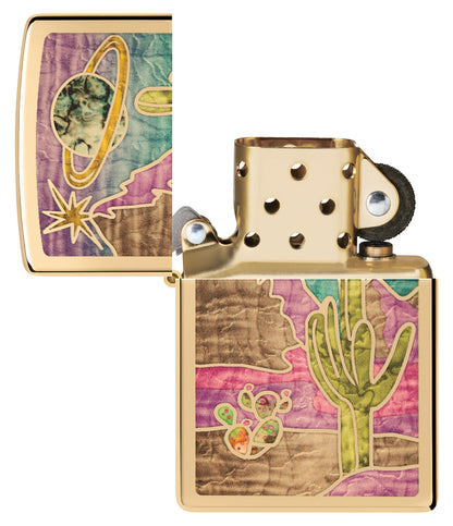 Zippo Funky Western Fusion Polish Brass Windproof Lighter with its lid open and unlit.