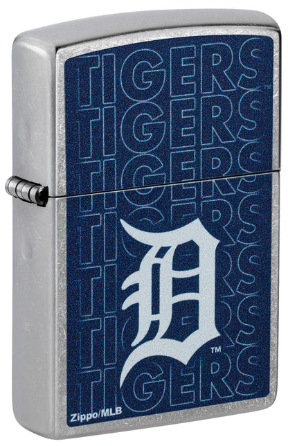 Front shot of Zippo MLB® Detroit Tigers Street Chrome Windproof Lighter standing at a 3/4 angle.