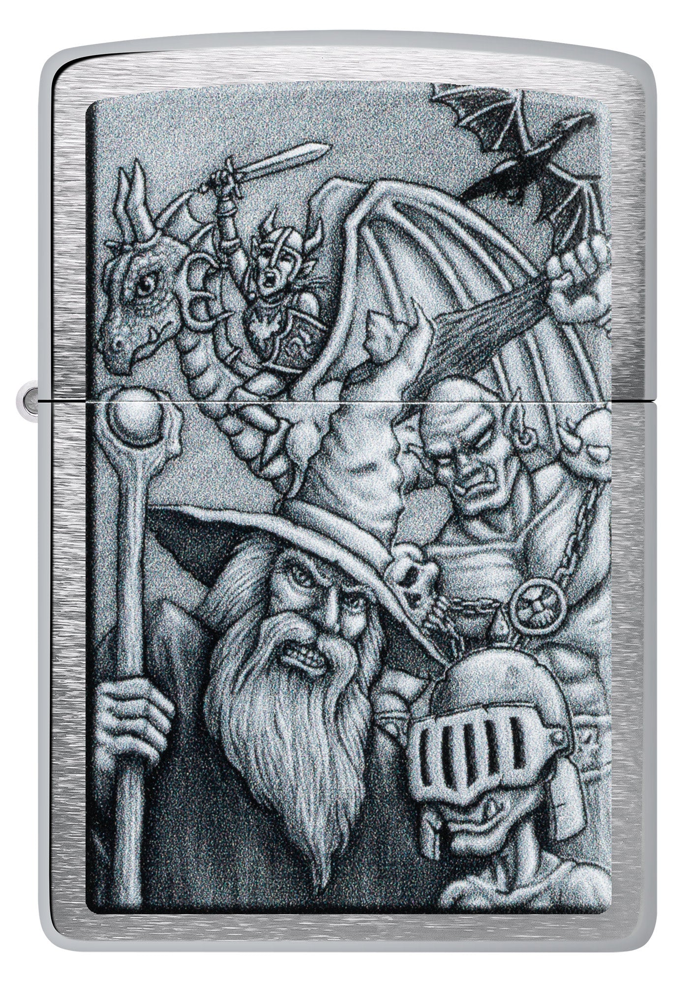 Front view of Zippo Mystical Beings Design Brushed Chrome Windproof Lighter.