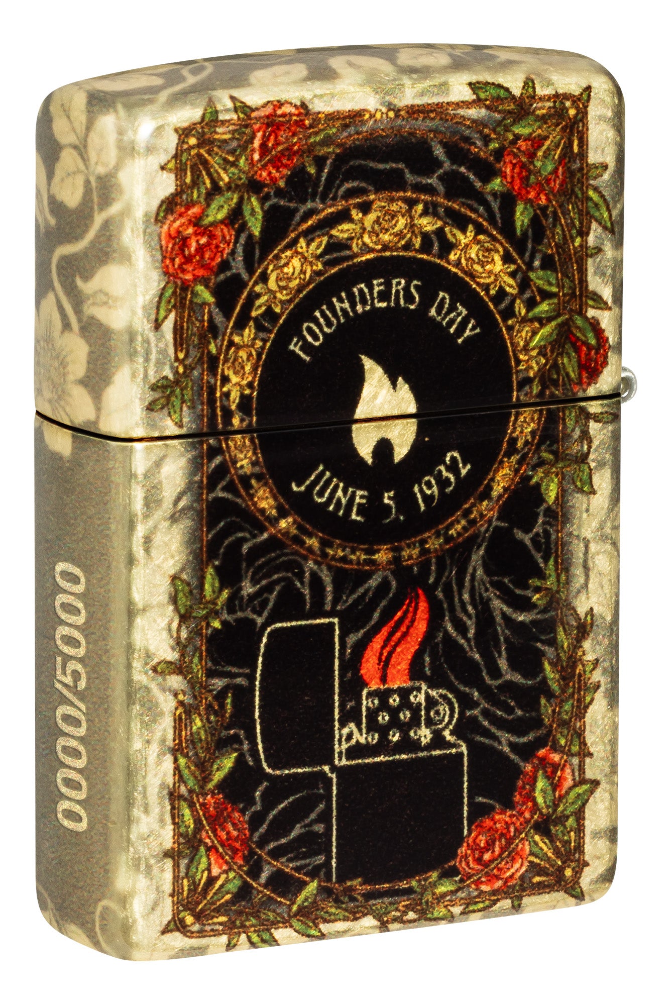 Back view of Zippo 2025 Founder's Day Collectible 540 Tumbled Brass Windproof Lighter standing at a 3/4 angle.