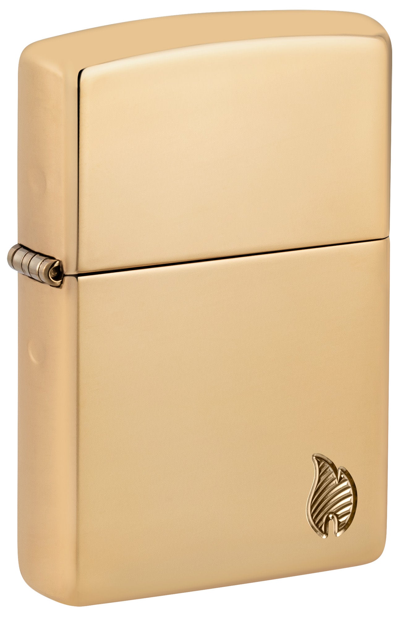 Front shot of Zippo Armor® Series Flame High Polish Brass Windproof Lighter standing at a 3/4 angle.