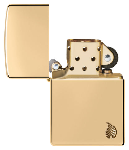 Zippo Armor® Series Flame High Polish Brass Windproof Lighter with its lid open and unlit.